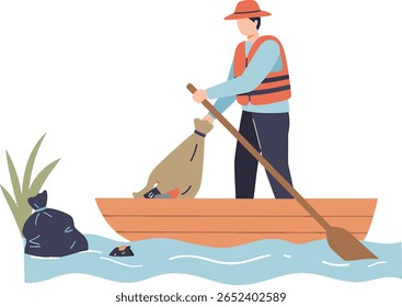 Man in a boat cleaning up trash from the water with a net, wearing a life vest and a hat.