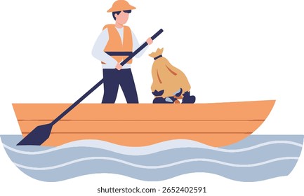 Man in a boat cleaning up trash from the water with a net, wearing a life vest and a hat.