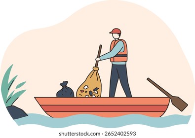 Man in a boat cleaning up trash from the water with a net, wearing a life vest and a hat.