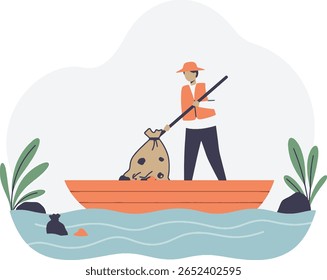 Man in a boat cleaning up trash from the water with a net, wearing a life vest and a hat.