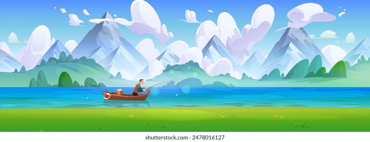 Man in boat fishing on mountain lake. Vector cartoon illustration of person enjoying hobby on vacation, beautiful scenery, river in sunny valley with green grass, bushes on hills, clouds in blue sky