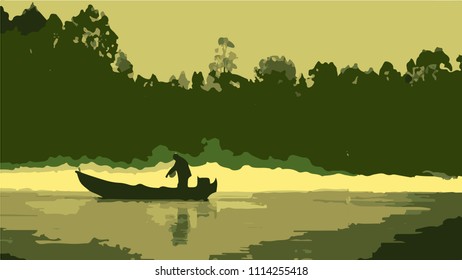 man in a boat going through the river in the forest background