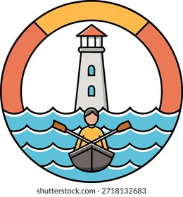 Hombre en un barco con un faro en el fondo y un arco iris sobre el mar