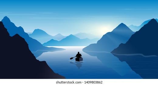 A man in a boat looks at the mountains. Mountain river. Landscape. Morning in the mountains. Tourism, sport and travelling. Vector  design