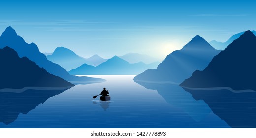 A man in a boat looks at the mountains. Mountain river. Landscape. Morning in the mountains. Tourism, sport and travelling. Vector  design