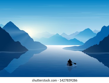 A man in a boat looks at the mountains. Mountain river. Landscape. Morning in the mountains. Tourism, sport and travelling. Vector  design