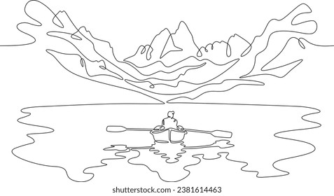 A man in a boat with oars floats on a mountain lake. Boat trip.
. Beautiful mountain landscape. High mountain peak. One continuous line drawing. Linear. Hand drawn, white background.