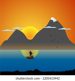 Man in a boat on the lake at sunset. Vector Illustartion.