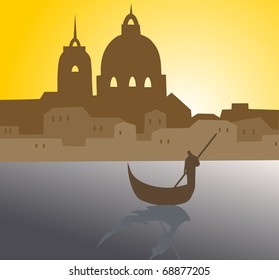 man and boat on town background