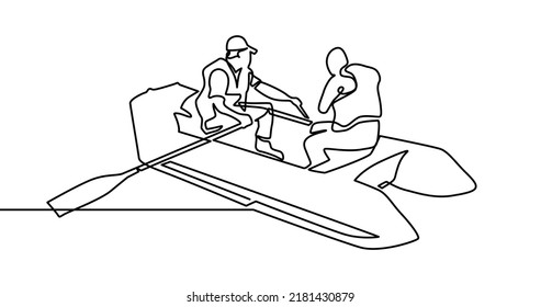 Man in Boat One Line Drawing. Fishing Boat Minimal Hand Drawing. Minimalist Sketch Contour Art. One continuous drawn single art line doodle drawing of a two man in a rubber boat. Rescuers in a boat