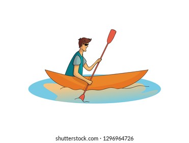 Man in boat rowing. Active lifestyle. Water sport. Male character in sunglasses. Cartoon vector design