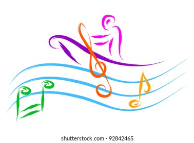 man and boat sailing on music water, abstract sketch