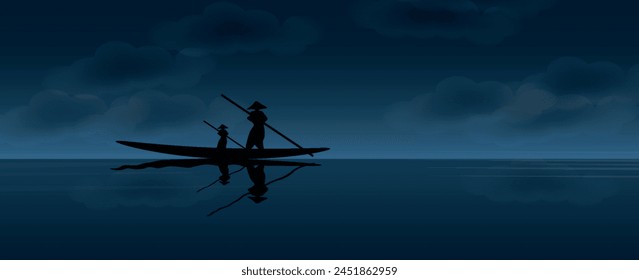 A man in a boat is seen on the water in front of a very large full moon in the illustration. vector