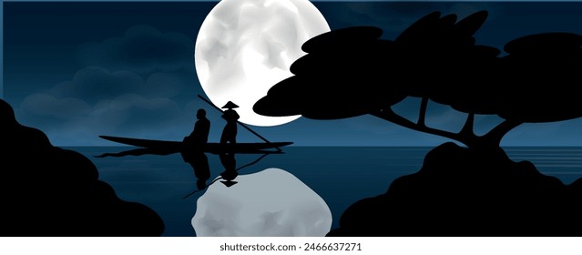 A man in a boat is seen on the water in front of a very large full moon in the illustration. vector