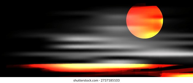 A man in a boat is seen on the water in front of a very large full moon in the illustration. vector