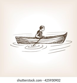 Man in boat sketch style vector illustration. Old hand drawn engraving imitation.