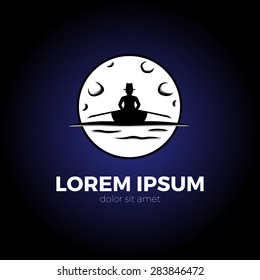 Man in the boat watching the moon. Editable vector logo.