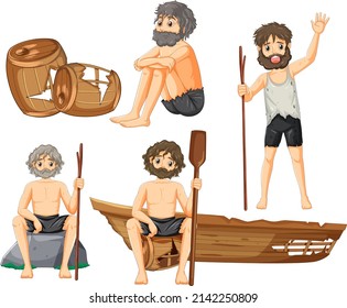 A man and boat wreck on white background illustration