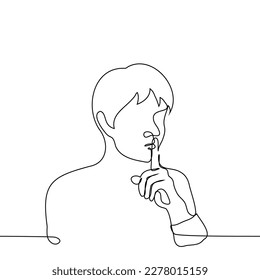 man with a bob haircut put her index finger to her closed mouth - one line drawing vector. concept of the call of silence, the vow of silence, men's silence