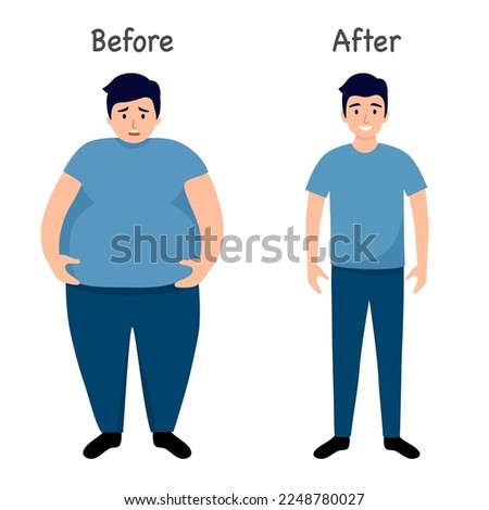 Man body before and after weight loss in flat design on white background.