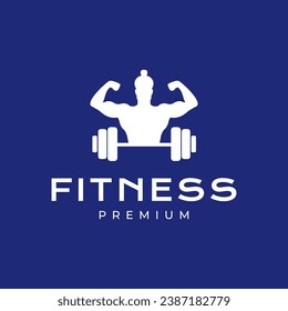 man body building strong weight equipment fitness gym health silhouette mascot logo design vector icon illustration