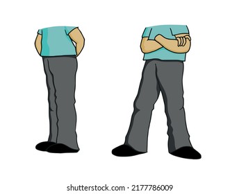Man body character standing poses, one  with hands on back and other with arms crossed. Colorful cartoon style vector illustration isolated on white background.