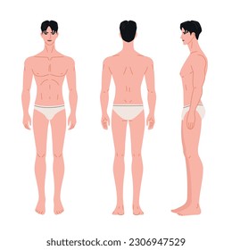Man body front, back and side view , illustration on white background. Isolated clip art.