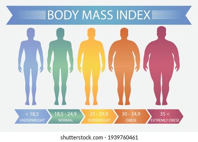 Man Body Mass Index. Vector Fitness Bmi Chart With Male Silhouettes And Scale. Body Mass Index Fot Health Life, Obesity And Overweight Illustration.