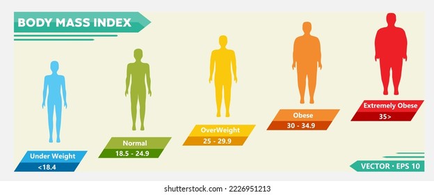 Índice de masa corporal del hombre. Gráfica BMI de fitness vectorial con siluetas masculinas y escala. Índice de masa corporal para una vida sana, obesidad e ilustración de sobrepeso