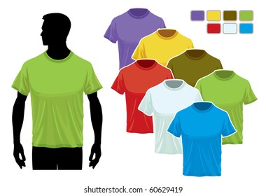 Man body silhouette with colorful collection of t-shirts