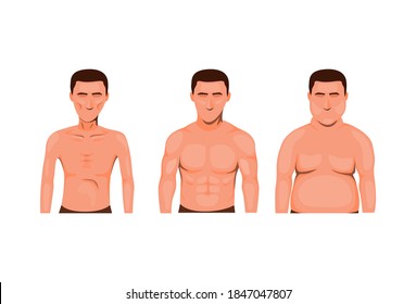 man body type. skinny, fat and muscle. nutrition health symbol icon set concept in cartoon illustration vector