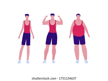 Man body weight concept, Vector flat person illustration set. Collection of males in sport outfit isolated on white. Slim, overweight, strong muscular. Front view. Design for banner, infographic