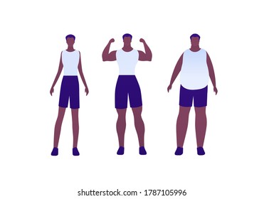 Man body weight concept, Vector flat person illustration set. Collection of african american males in sport outfit. Slim, overweight, strong muscular. Front view. Design for banner, infographic