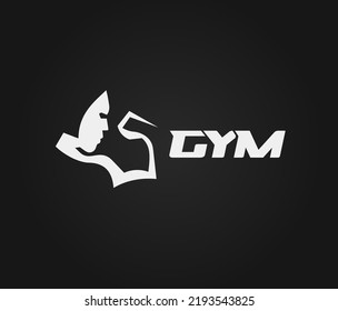 El busto de la culturista del hombre con el brazo inflado, la silueta blanca, el concepto del logo del entrenador del gimnasio. Ilustración del vector
