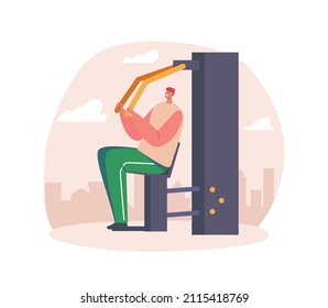 Man Bodybuilder Pumping Muscles in House Yard. Sportsman Work on Training Apparatus for Strong Arms. Male Character Fitness Workout, Sport Exercises with Weight. Cartoon People Vector Illustration