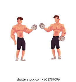Man bodybuilder, weightlifter doing bicep workout, training arms with dumbbells in two positions, cartoon vector illustration isolated on white background. 