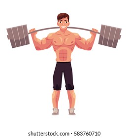 Man bodybuilder, weightlifter working out, training with barbell, cartoon vector illustration isolated on white background. Front view full length portrait of man bodybuilder standing with barbell