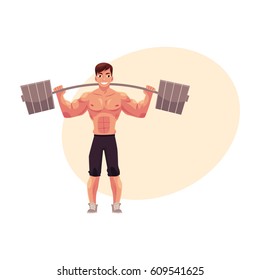 Man bodybuilder, weightlifter working out, training with barbell, cartoon vector illustration with place for text. Front view full length portrait of man bodybuilder standing with barbell