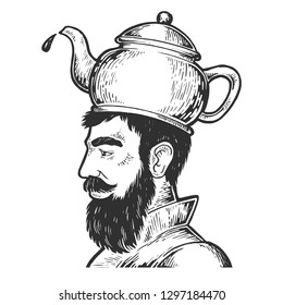 Man with boiling kettle teapot hat engraving vector illustration. Scratch board style imitation. Hand drawn image.