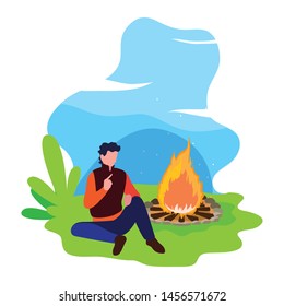 man with bonfire camping hiking landscape