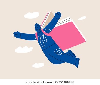 Man with book behind his back flies. Colorful vector illustration