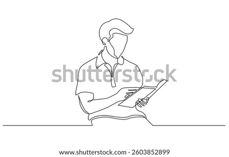 Man with Book Continuous Line Drawing. Male Reading Portrait in Minimalist Continuous One Line Style. Man Holds a Open Book Graphic Sketch Artwork Vector Illustration. Not AI