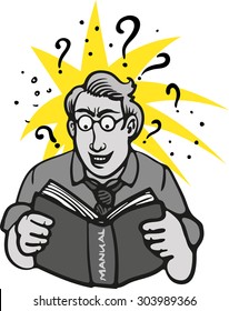The man with the book.
The man with glasses studying manual . Two-color illustration