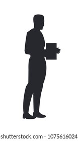 Man with book in hands side view black silhouette giving information on vector illustration isolated on white background, icon of person