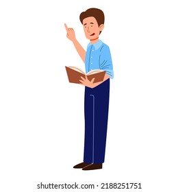 man with a book in her hand. The person reports important information.