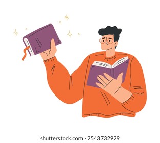 Homem com Livro e Literatura Interessante Desfrute de ilustração de vetor de passatempo