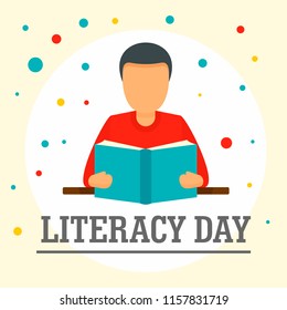 Man with book literacy day background. Flat illustration of man with book literacy day vector background for web design