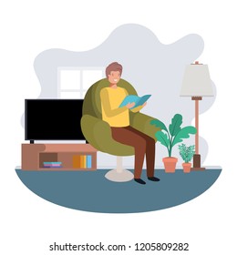 Man with book in livingroom avatar character