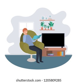 Man with book in livingroom avatar character