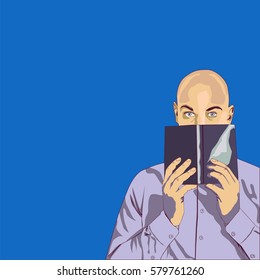 The man and the book. Looking at the camera. Blue background. vector